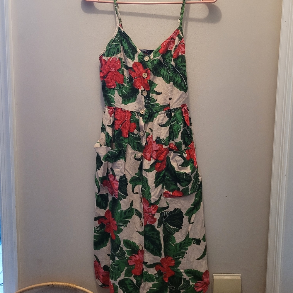 One love clothing dress XS linen blend tan floral prints sleeveless
